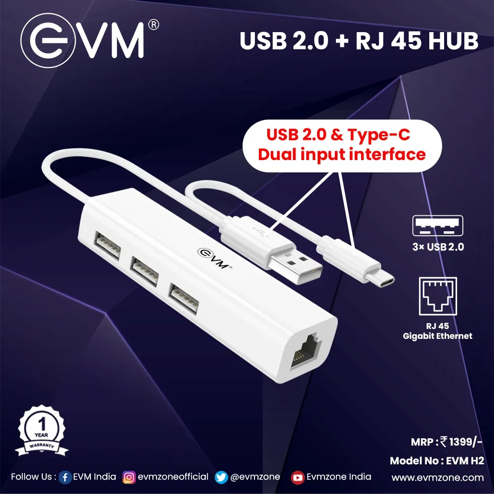 EVM Type-C + USB to USB Hub 3 Ports 2.0 With LAN (H2) (A1652) view 3